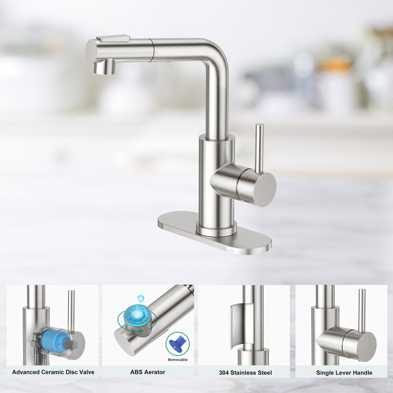 Sink Faucet With Sprayer - Pull-Out Faucet - Single Hole Single Handle Lever Faucet, Brushed
