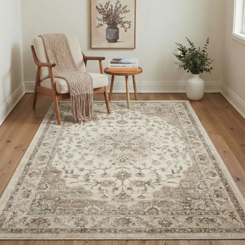 Roehit Floral Machine Washable Beige/Brown Indoor Oriental Performance Area Rug with Non-Slip Backing, Rectangle 5' x 7'