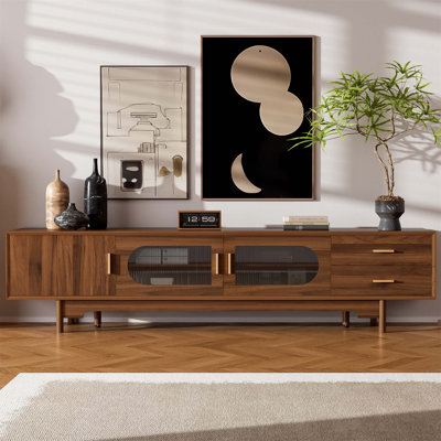78-Inch TV Stand For Tvs Up To 85, Modern Cabinet With Fluted Glass Doors & 2 Drawers, Solid Wood Legs, Cable Management