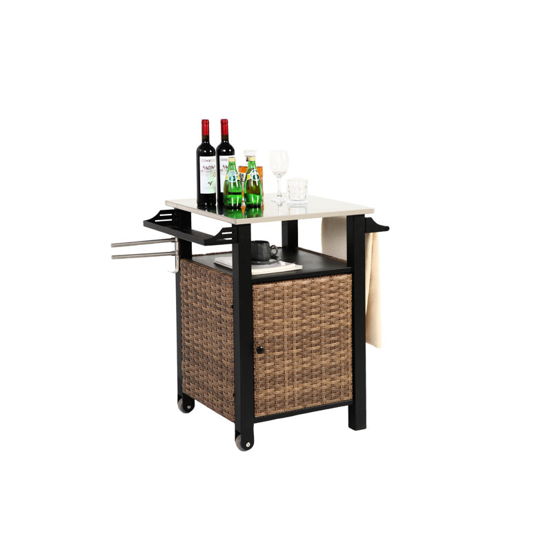 Chariot de cuisine d'extérieur: Îlot roulant avec plateau en acier inoxydable, brun