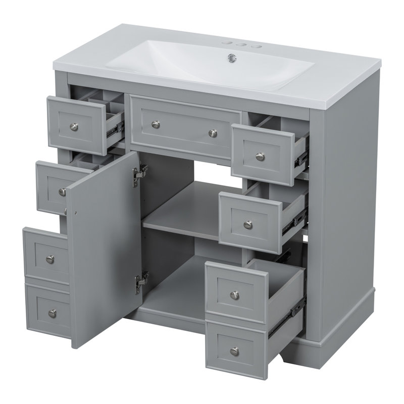 Ensemble de meuble-lavabo 36 po avec lavabo, une armoire et six tiroirs, panneau de bois massif et panneau de fibres à densité moyenne, gris
