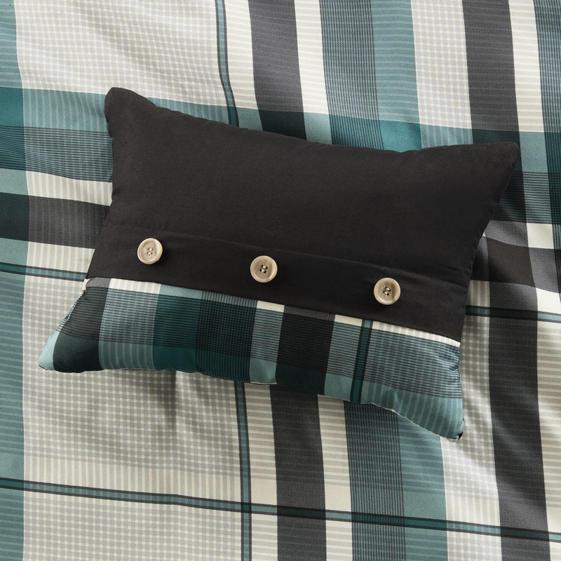 Ensemble de draps et d'édredon en microfibre à carreaux bleu sarcelle / noir pour grand lit 9 pièces