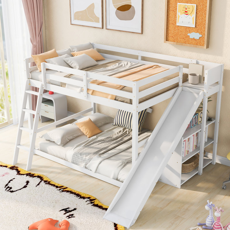 Rustic Bunk Bed With Slide And Guardrail, White