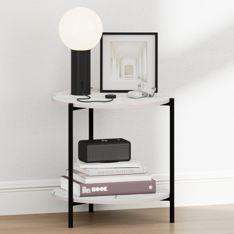 Furinno BESI Night Stand, 2-Tier Wide Round Nightstand with Metal Legs, Metal Frame End Table, Bedside Table, Side Table with Open Shelf, for Living Room, Bedroom, Marble White