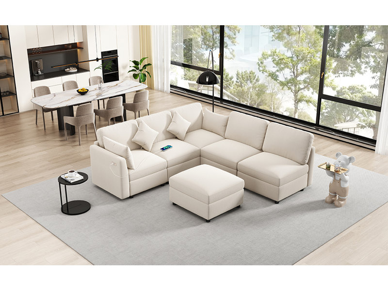 Canapé modulaire 86,6 po Canapé modulaire en U Canapé-lit Canapé en L avec repose-pieds mobile et deux ports USB pour le salon (ancien SKU: N719S001680A), beige