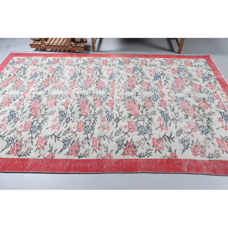 Grand tapis turc rétro avec motif floral - décor rustique tissé à la main pour le salon