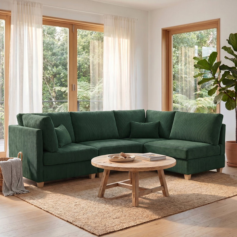 126" Corduroy Sectional Corner Sofa 4 Piece Modular Deep Seat Couch With Pillows, 1200 lbs Capacity, Pet-Friendly, Flexible Layout