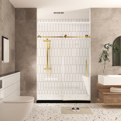 Shower Door 56 - 60"w X 76"h, 1/4"(6 Mm) Clear Tempered Glass, Brushed Gold, American Design For Bathroom, Proof Film, Stainless Steel Handle, Large Wheels On Round Tracks, Smooth Glass Design, Gold