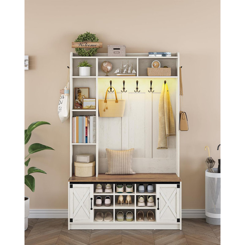 Hall Tree, LED Farmhouse Entryway Storage and Coat Rack Wood, Entryway Furniture with 7 Hooks, Hall Tree with Bench and Storage, 6 Storages Partitions Shoe Bench, Rustic White