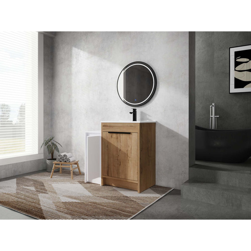 Meuble-lavabo autoportant avec lavabo en céramique et armoires de rangement, porte à fermeture douce