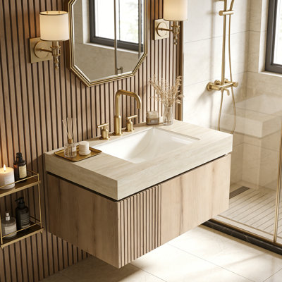 Meuble-lavabo flottant avec espace de rangement multifonctionnel et 3 trous de robinet pré-percés