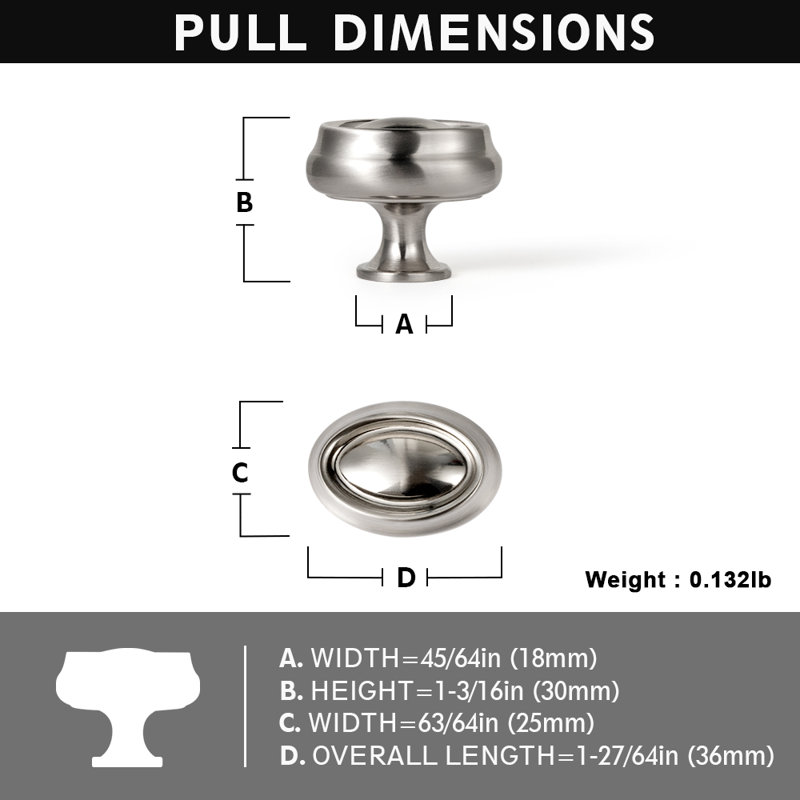 Poignée 45/64 po de diamètre, Nickel satiné