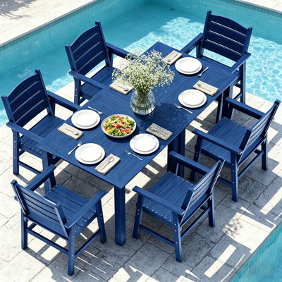 Ensemble de salle à manger d'extérieur pour 6 personnes toutes saisons 8 pièces Ensemble de table d'extérieur et chaises d'extérieur avec cadre en aluminium pour l'extérieur, jardin, terrasse, bord de piscine, bleu marine