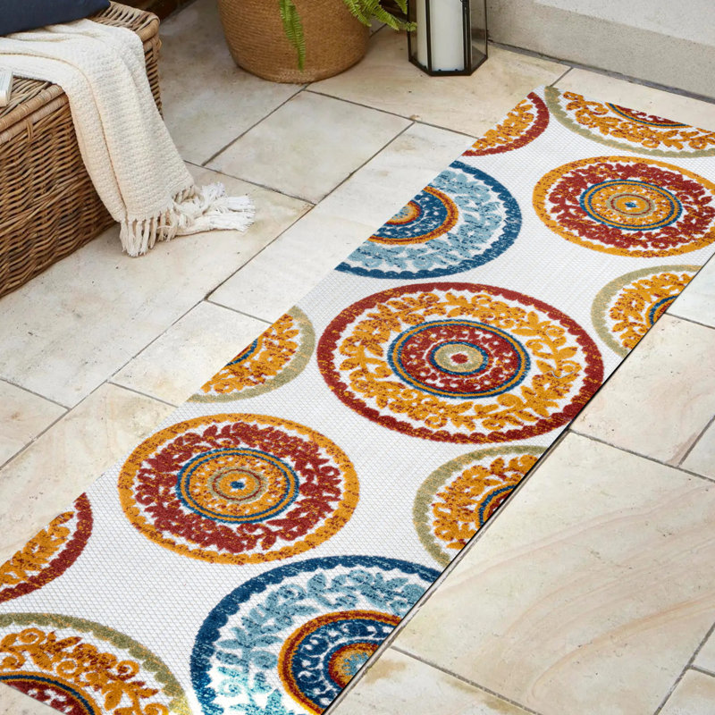 Nifelheim Medallion High-Low Red/Blue Indoor/Outdoor Rug, Runner 2'3" x 8'