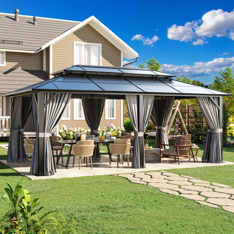 Pavillon de jardin à toit rigide 20 po x 12 pi avec double toit, pavillon de jardin extérieur en polycarbonate avec rideaux et filet, abri de patio permanent à cadre en aluminium pour la cour, la terrasse, le bord de la piscine