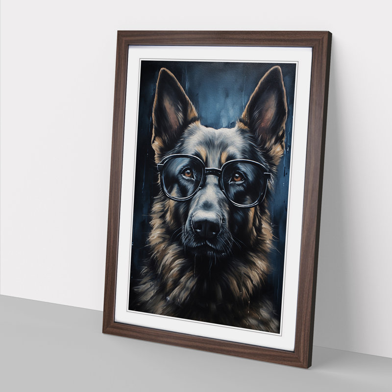German Shepherd With Glasses No.4 - Single Picture Frame Print on Wood, Walnut Framed, 46cm H x 34cm W