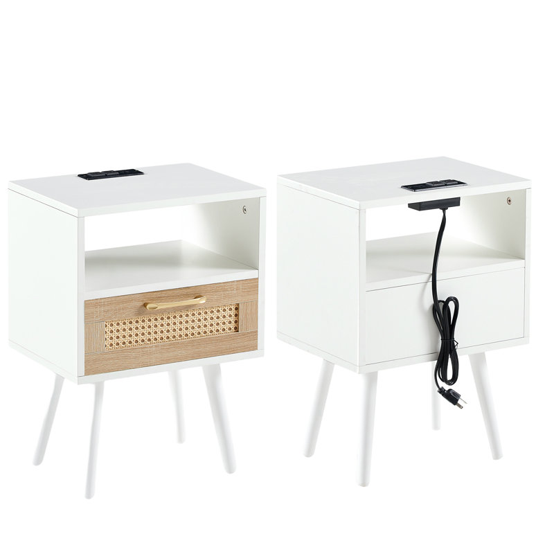 Table de chevet moderne avec pieds en bois massif USB (ensemble de 2), Blanc