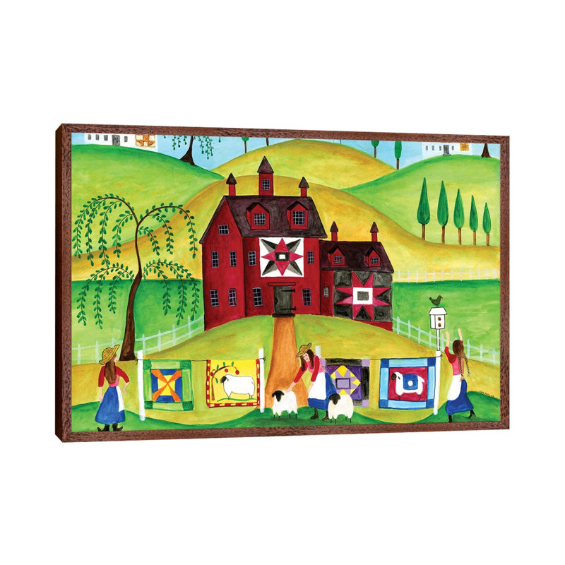 Red Barn Quilt House by Cheryl Bartley - Painting on Canvas, 45.72cm H x 66.04cm W x 3.81cm D, Classic Brown Wood Framed