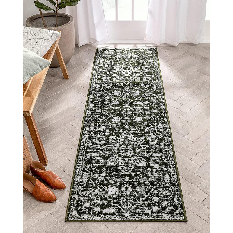 Tapis vert floral rétro Dazzle, Tapis de couloir 2 pi 3 po x 7 pi 3 po
