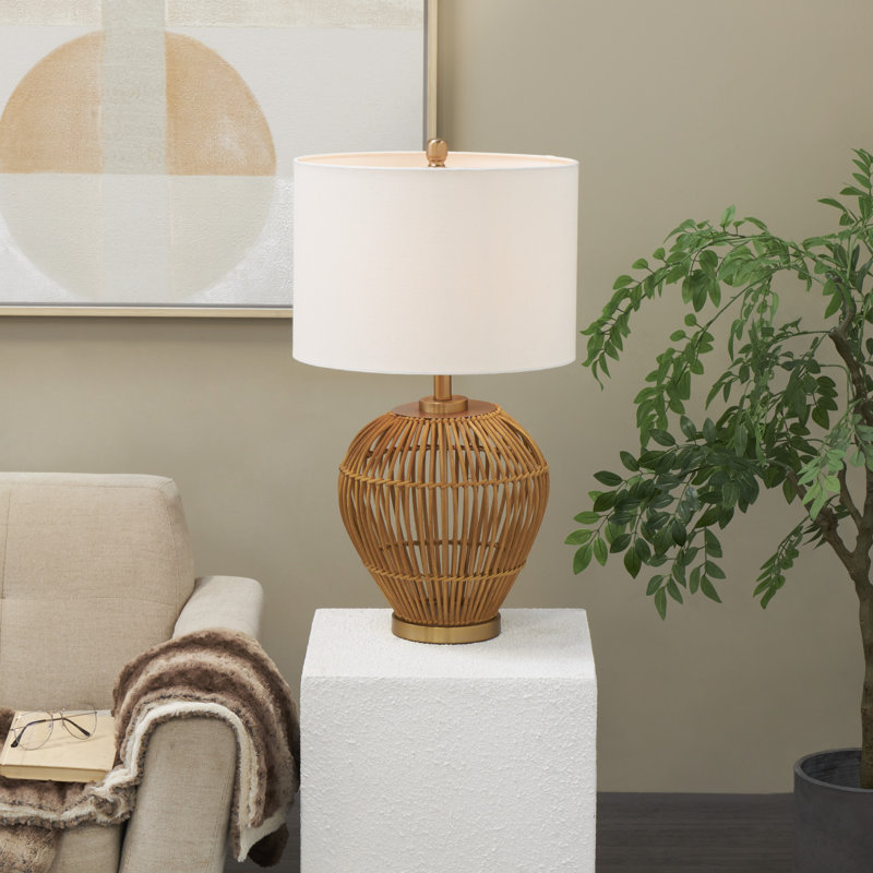 Easthampton Rattan Handmade Woven Open Frame Brown Table Lamp with Gold Accents