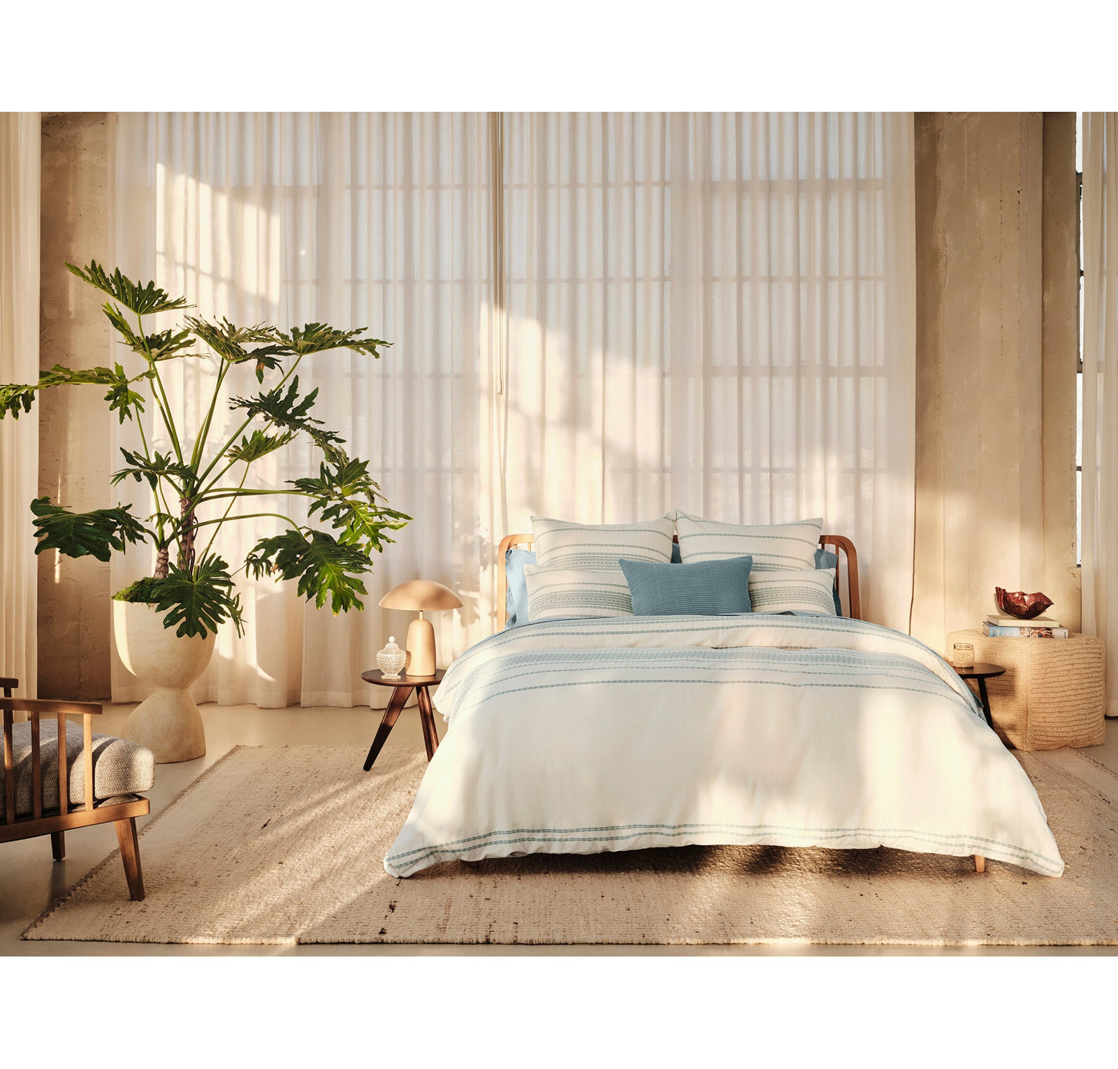 Rippled Stripe Organic Cotton Duvet Cover, Full/Queen Duvet Cover, Undyed/Surf