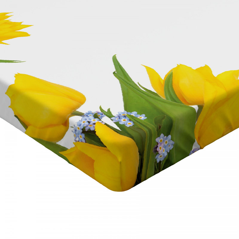 Queen White Microfiber Fitted Sheet with Yellow Tulip Print