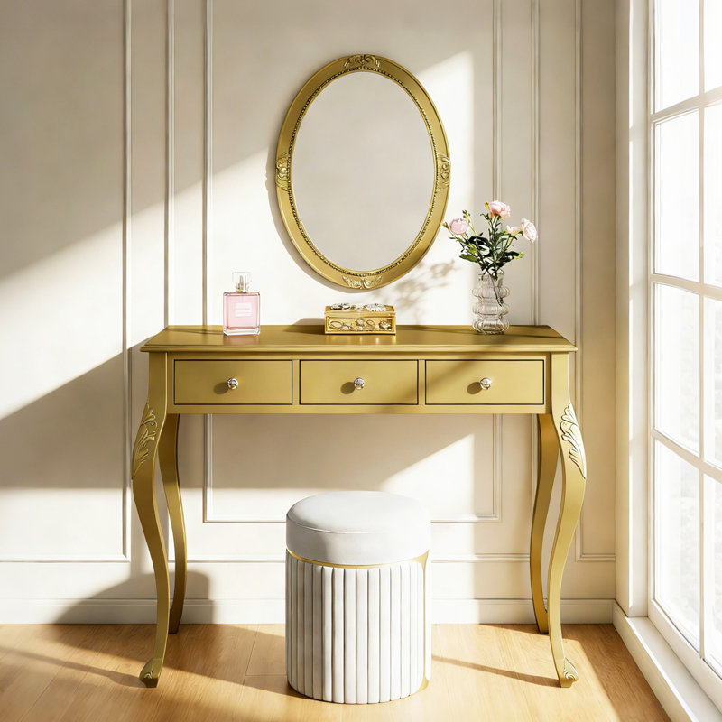 Coiffeuse de luxe avec miroir ovale, coiffeuse à 3 tiroirs pour le rangement des bijoux, Doré
