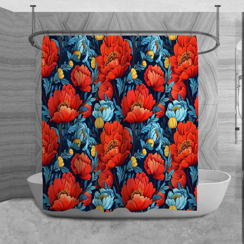Botanical Shower Curtain Styles Bathroom Decor Red, 84"H x 70"W