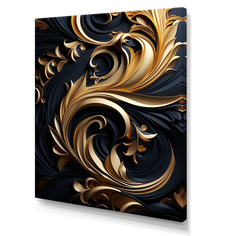 Ornement doré sur fond noir I - Spirales abstraites, art mural, salon, H 44 po x l 34 po x P 1,5 po, Toile tendue