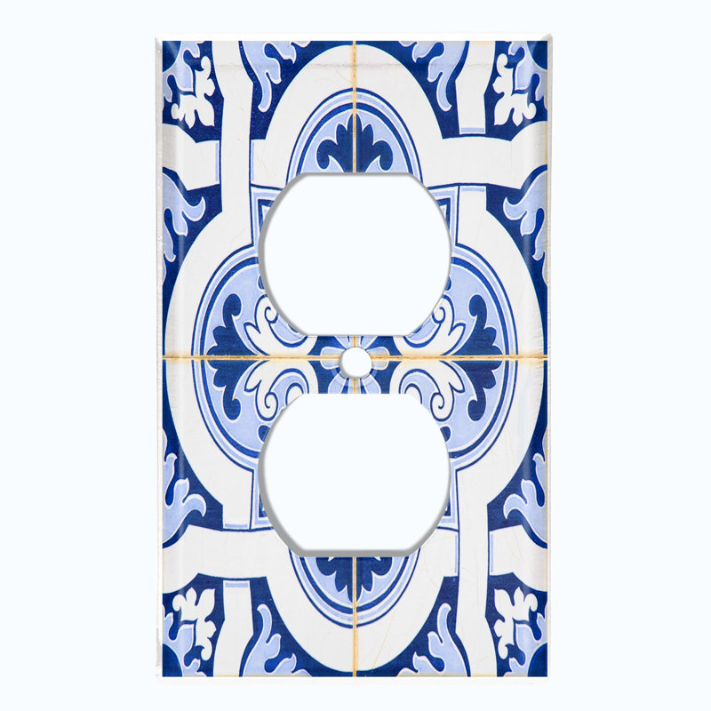 Metal Light Switch Plate Outlet Cover (Blue Teal Damask Tile Leaves White  - Single Duplex)