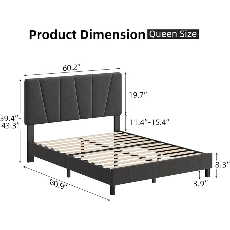 Bed Frame With Adjustable Headboard, No Box Spring Needed, Queen