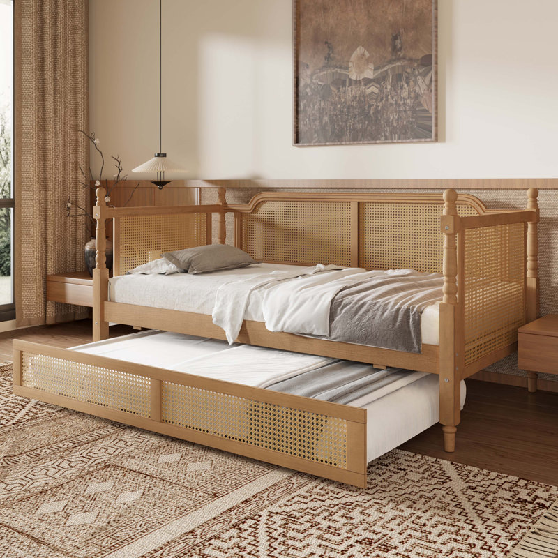 Lit de jour en rotin de style traditionnel avec lit gigogne double pour un espace limité, chambre d'amis, pas de sommier tapissier, noyer antique