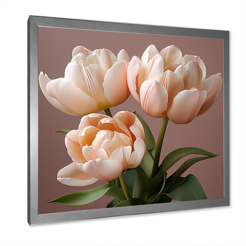 Tulipes douces aux tons neutres, tranquillité, Cadre simple argenté, H 30 po x l 30 po x P 1 po