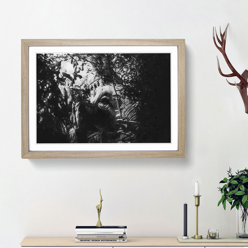 Elephant in the Trees - Picture Frame Graphic Art Print, Oak Framed, 62cm H x 87cm W x 2cm D