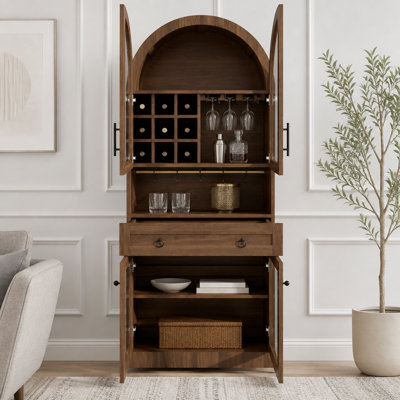 Armoire de bar 70 po de hauteur, armoire à café de style Mid-Century avec tablette réglable et 5 crochets, 9 supports à vin, 3 porte-verres, portes en verre trempé