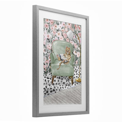 Cozy Cat Reading Framed Print Under Glass, design by Lanie Loreth