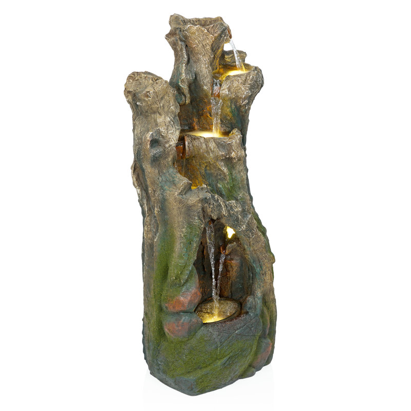 Outdoor Floor Tree Trunk Fountain with LED Lights, 40" H x 13" W x 15" D