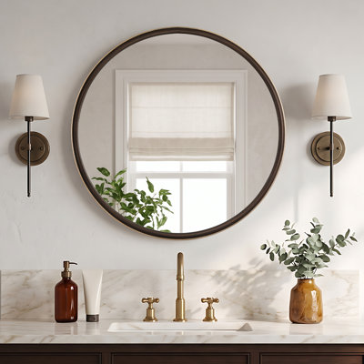 Round Wall Mirror with Linen Textured Frame