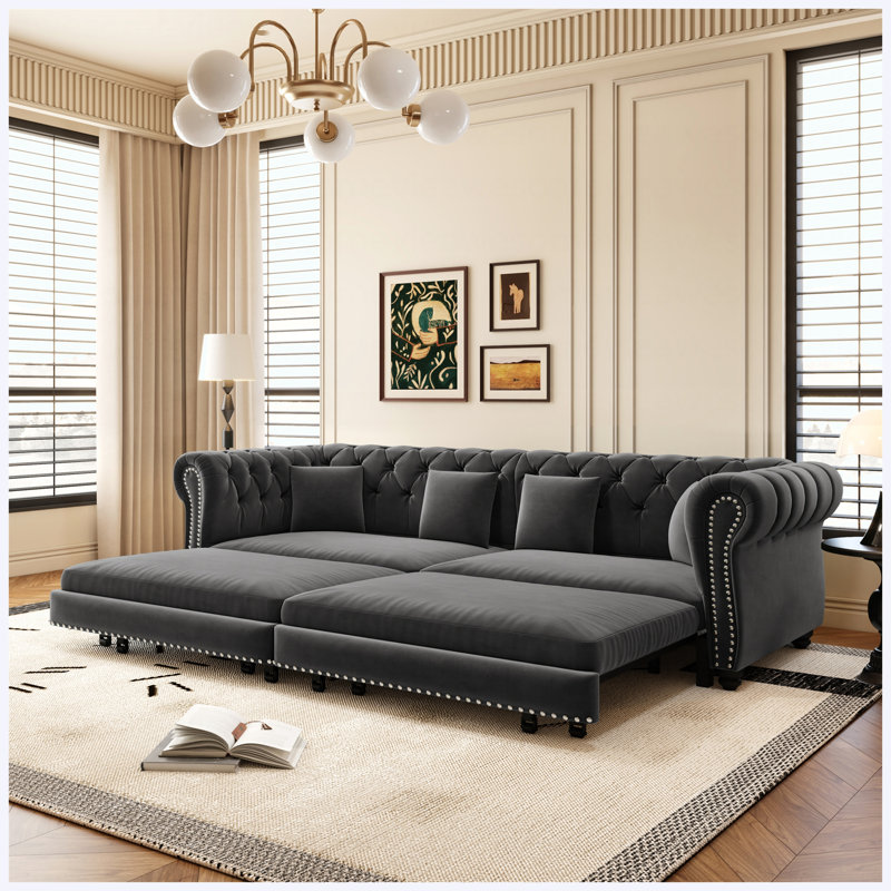 Canapé-lit convertible 3-en-1 en velours gris 89 po avec méridienne Chesterfield, Grey Velvet