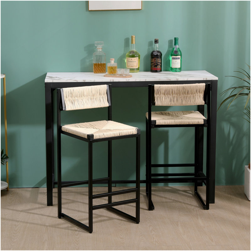 Ensemble de 2 tabourets de bar en papier tissé à la main avec repose-pieds pour îlot de cuisine, blanc crème, Blanc crémeux