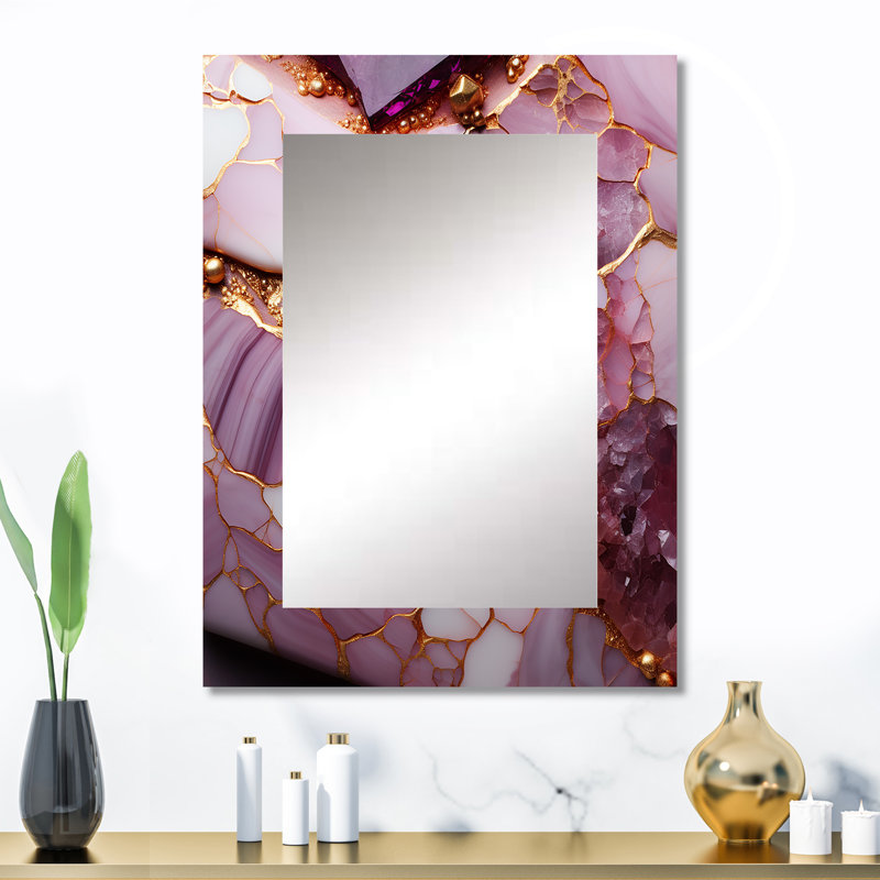 Rose et or agate de marbre rivière V - miroir mural décoratif fractal, miroir moderne, impression d'art en métal