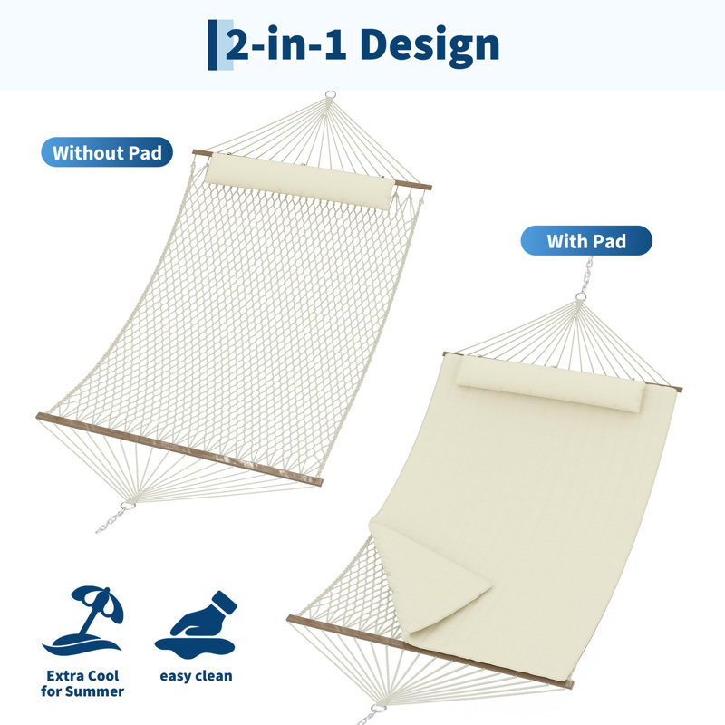 3.5m 2 Person Double Quilted Hammock, Beige Outdoor Swing Bed with Wooden Spreader Bar, Mesh Bag, Cushion & Pillow, 204kg Load Capacity with Hanging Chains