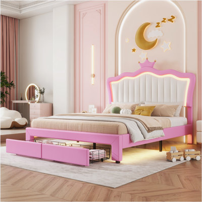 Structure de lit tapissier avec lumières DEL, lit princesse rembourré moderne