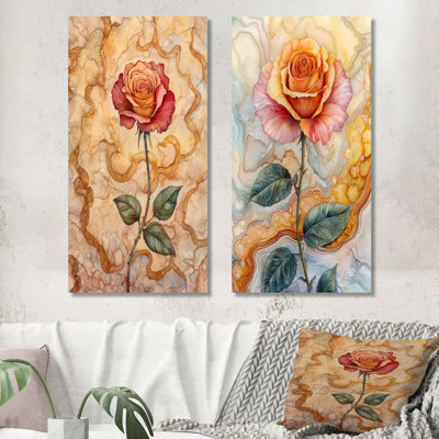 Topaz liquide encre de rose - ensemble de 2 reproductions d'art botaniques surdimensionnées roses en métal