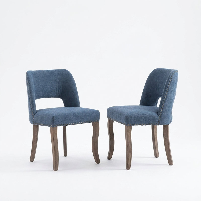 Ensemble de 2 chaises de salle à manger rembourrées en tissu bleu - Chaises de cuisine de ferme moderne avec pieds en bois massif