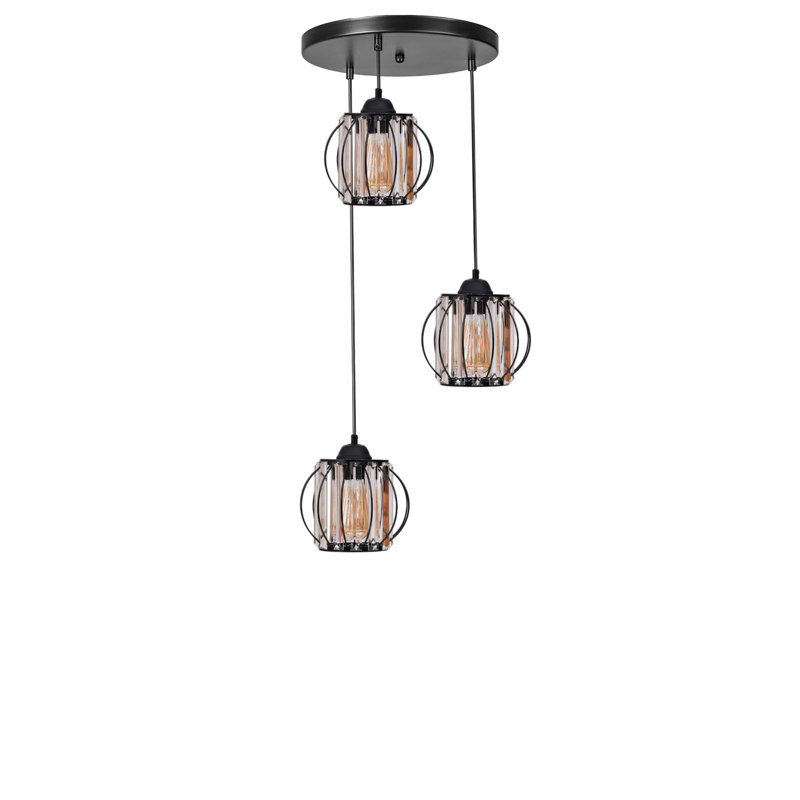 Lustre élégant en métal noir, hauteur réglable, 19,0 x 6,3 pouces | 3 x douilles E 27 (40 W maximum) | Capuchon en verre élégant | pour salle à manger, salon et vestibule | IP20, ampoules non incluses