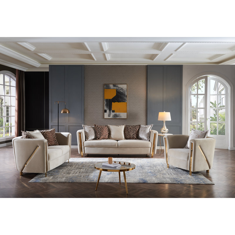 Ensemble de salon en velours 3 pièces Nahri, Velours beige