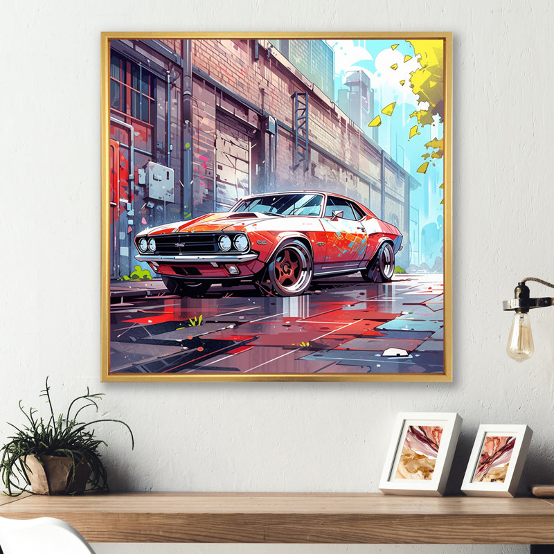 Graffiti Muscle Car II sur toile, Cadre flottant doré, H 24 po x l 24 po x P 1 po