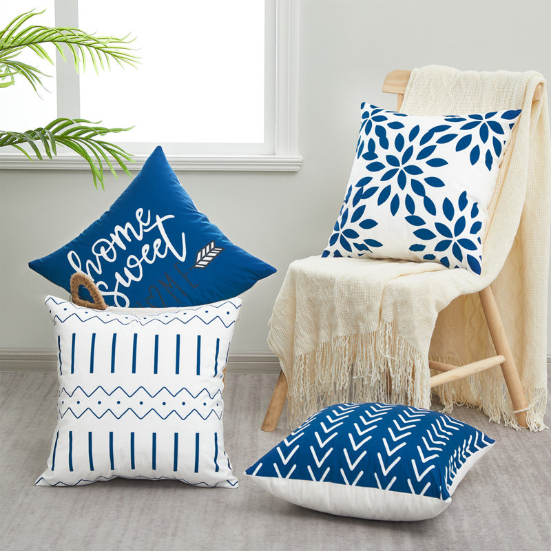 Housse de coussin d'extérieur carré Impression KD125, Bleu marine/blanc