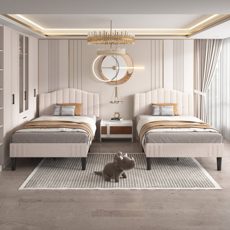 Lit plateforme simple avec tête de lit ajustable en tissu Aldora, Beige